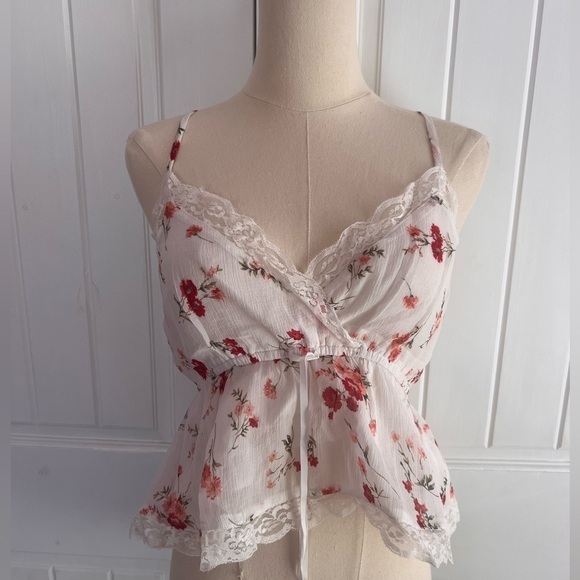 American Eagle Outfitters Tops - American Eagle Lace Trimmed Faux Wrap Babydoll White Pink Floral Size Small NWT